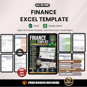 May include: A digital finance Excel template with the text "FINANCE EXCEL TEMPLATE" in large, bold letters. The image includes screenshots of spreadsheets, the Excel and Google Sheets logos, and the text "Digital & Printable Template".