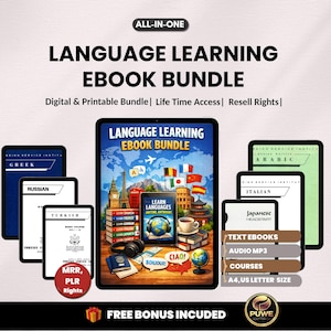 Language learning ebook bundle | Vocabulary Workbook, Digital Language Learning Planner, Any Language Learning Planner ipad | PLR MRR Rights