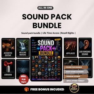 Puede incluir: Un anuncio de un paquete de sonidos. La imagen presenta una tableta central que muestra el contenido del paquete, rodeada de tarjetas más pequeñas que muestran categorías de sonido individuales como guitarra acústica, aguas curativas y aplausos. El texto incluye "All-in-One" y "Free Bonus Included."