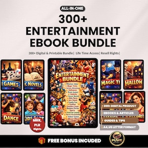 May include: An advertisement for an entertainment ebook bundle. The image features the text "300+ ENTERTAINMENT EBOOK BUNDLE" and includes various ebook covers with themes like games, novels, magic, and Halloween. The bundle includes digital products, ebooks, articles, guides, and tips.