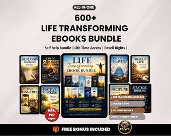 May include: A promotional image for a digital ebook bundle. The image features a large tablet displaying the title "LIFE TRANSFORMING EBOOKS BUNDLE" with smaller tablets showcasing various self-help topics. The text includes "Self help bundle" and "Free Bonus Included."