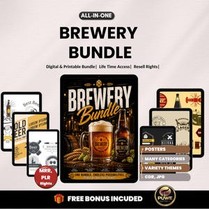 Puede incluir: Un paquete digital de cervecería que incluye múltiples plantillas de diseño gráfico para carteles y etiquetas. La imagen central muestra una jarra de cerveza y una botella con el texto Brewery Bundle. Marcos rectangulares más pequeños muestran varios logotipos e ilustraciones temáticas de cerveza en tonos negro, blanco y dorado.