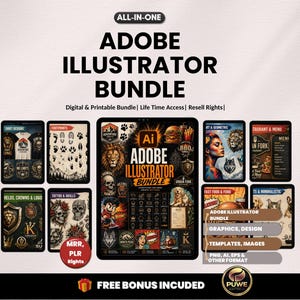 May include: An Adobe Illustrator bundle graphic with the text "Adobe Illustrator Bundle" and the words "Graphics, Design, Templates, Images". The image includes various design templates, logos, and illustrations. The bundle includes resell rights and a free bonus.