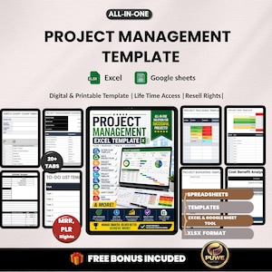 Könnte beinhalten: Eine digitale Projektmanagement-Vorlage mit dem Text "PROJECT MANAGEMENT TEMPLATE" und den Logos "Excel" und "Google Sheets". Das Bild enthält verschiedene Tabellenkalkulationsbeispiele, einen Laptop und den Text "Digital & Printable Template".