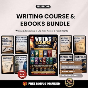 May include: An advertisement for a writing course and eBooks bundle. The image features a tablet displaying the course content, surrounded by smaller screens with related topics. Text includes "Writing Course & eBooks Bundle" and "Free Bonus Included."