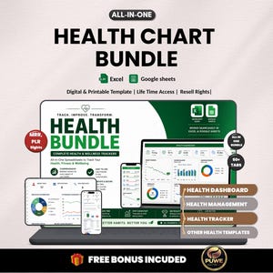 May include: A digital health chart bundle displayed on a laptop, tablet, and smartphone. The bundle includes Excel and Google Sheets templates for tracking health, fitness, and well-being. The image features the text "Health Chart Bundle" and "Health Dashboard."