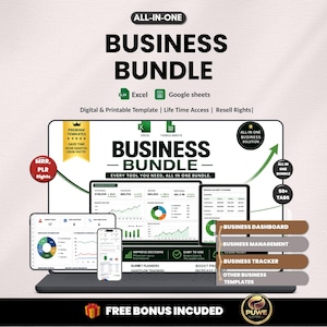 Op de afbeelding: Een digitale business bundle weergegeven op een laptop, tablet en smartphone. De bundel bevat Excel- en Google Sheets-sjablonen, met de tekst "Business Bundle" en "All-in-One Business Solution". De afbeelding bevat ook de tekst "Free Bonus Included".