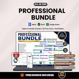Pode incluir: Um pacote profissional digital e imprimível exibido em um laptop, tablet e smartphone. O pacote inclui modelos para Word, Excel e Google Sheets, com o texto "PROFESSIONAL BUNDLE" em destaque.