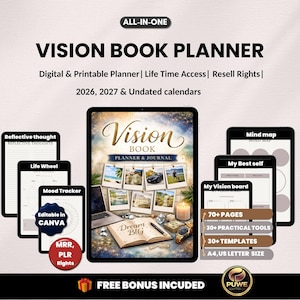 Vision Book Planner |  Vision Journal, Vision Book,  Gratitude Journal, Law of attraction, Goal setting | 2026,2027 Planner | MRR PLR Rights