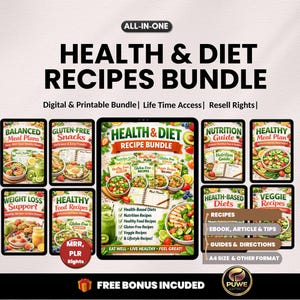 May include: A digital and printable "Health & Diet Recipes Bundle" with various recipe guides, meal plans, and ebooks. The bundle includes balanced meal plans, gluten-free snacks, and veggie recipes. The bundle also includes a free bonus.