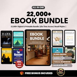 Könnte beinhalten: Grafik eines E-Book-Bundles mit dem Text "22.000+ Ebook Bundle". Das Bild zeigt mehrere E-Book-Cover, darunter "Dark Psychology Secrets" und "Life Planning Workbook". Zusätzlicher Text enthält "Guides & Tips" und "Tools & Workbook".