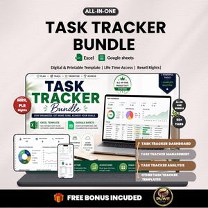 May include: A digital task tracker bundle displayed on a laptop, tablet, and smartphone. The image features the text "TASK TRACKER BUNDLE" and includes Excel and Google Sheets templates. The bundle promises lifetime access and resell rights.