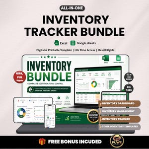 May include: A digital inventory tracker bundle displayed on a laptop, tablet, and smartphone. The image includes the text "INVENTORY TRACKER BUNDLE" and "Digital & Printable Template". The bundle includes Excel and Google Sheets templates.