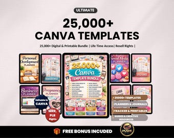 25,000以上のCanvaテンプレートバンドル | メガデジタルテンプレート | 2025年、2026年のデジタルCanvaテンプレート、プランナー、ジャーナル、トラッカー | PLR MRRライセンス