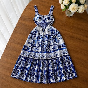 dolce and gabbana blue and white dress Dolce & Gabbana Majolica-print Midi Dress | Blue
