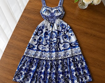 blue porcelain maxi dress White Print Spaghetti Strap Summer Beach Elegant A Line Flowing Black Tie Wedding Guest Halter vintage party dress Colour:BLUE MOON Invisible zip closure