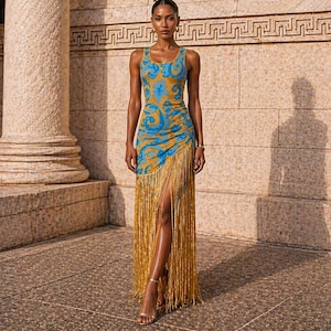 Blue and Gold Evening Dress - Etsy