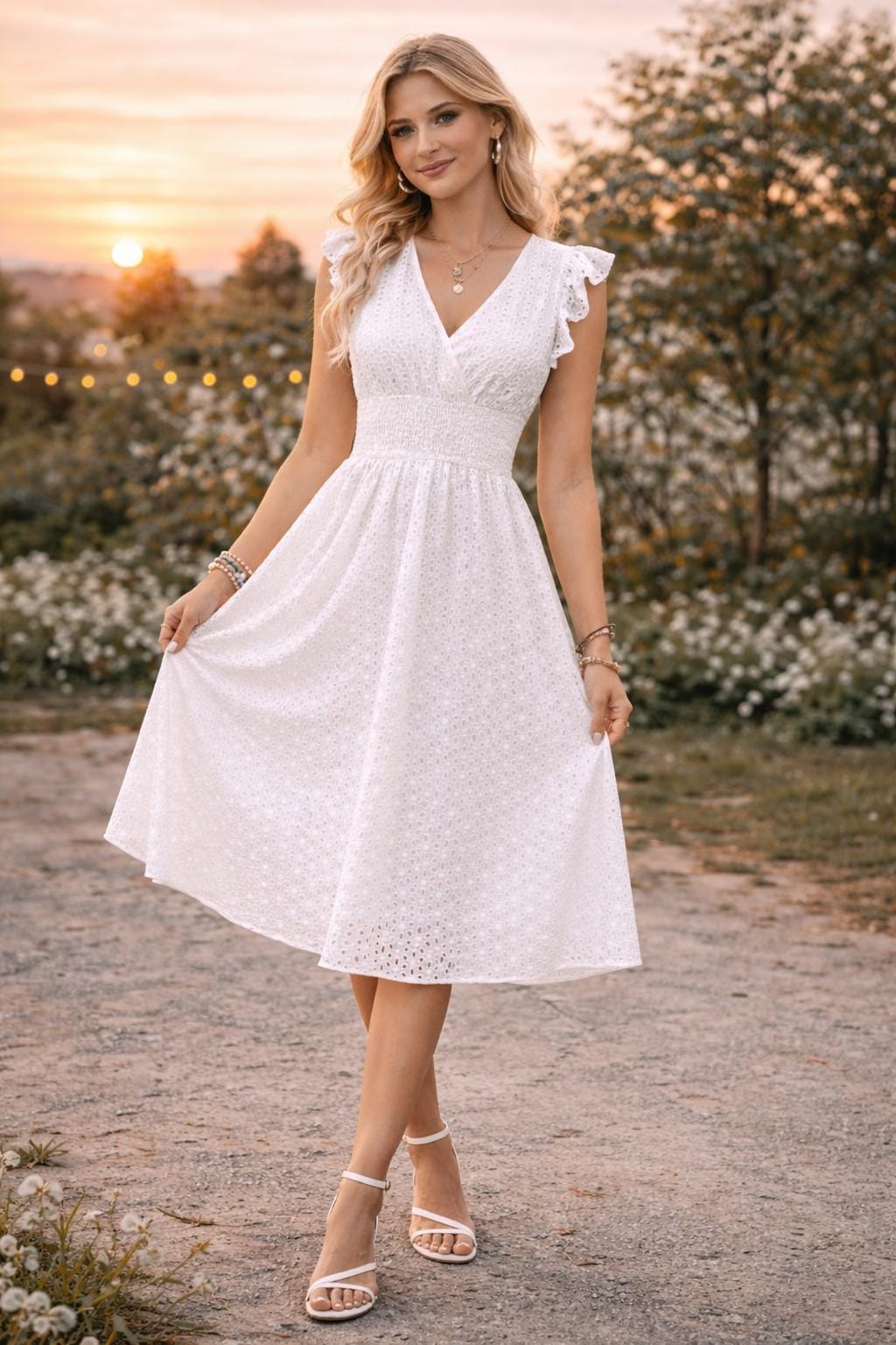 knee length dresses for ladies White puff sleeve eyelet midi dress – ImageBoutique