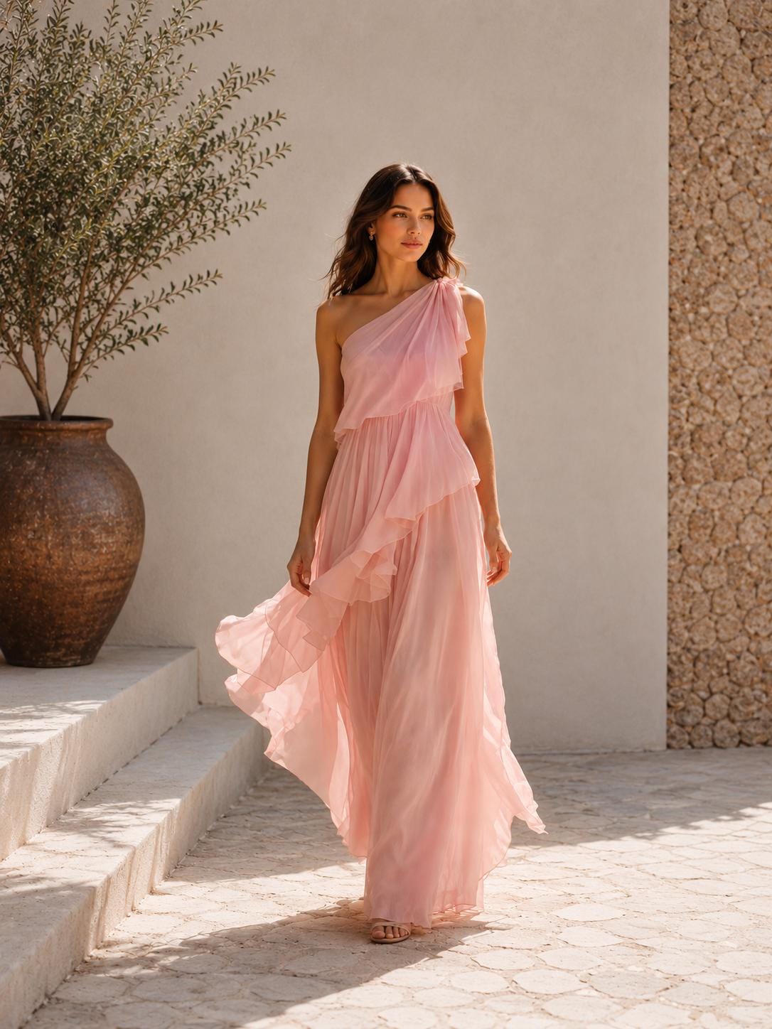 Pink One Shoulder Maxi Dress Romantic Wedding Guest Flowy Chiffon Evening Gown