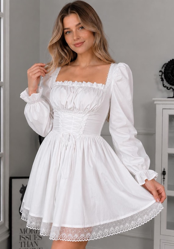 White Cottagecore Mini Dress Puff Sleeve Lace Trim Coquette Babydoll Fairycore Outfit