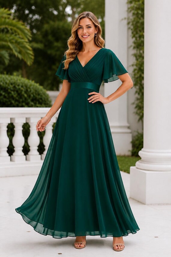 Emerald Chiffon Maxi Dress Flutter Sleeve Bridesmaid Gown Wedding Guest Formal Evening Celebration Attire