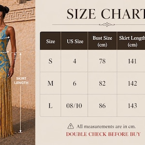 May include: A woman models a blue and gold patterned dress with a fringed skirt. The image includes a size chart with measurements in centimeters, including bust, waist, and skirt length. The text on the chart reads "SIZE CHART" and "DOUBLE CHECK BEFORE BUY".