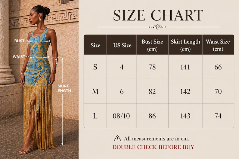 May include: A woman models a blue and gold patterned dress with a fringed skirt. The image includes a size chart with measurements in centimeters, including bust, waist, and skirt length. The text on the chart reads "SIZE CHART" and "DOUBLE CHECK BEFORE BUY".