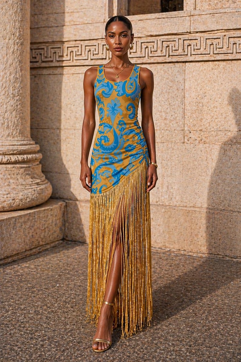 May include: A sleeveless, floor-length dress with a blue and gold floral pattern. The dress features a side slit and a fringe detail at the hem. The model is wearing gold sandals and jewelry.
