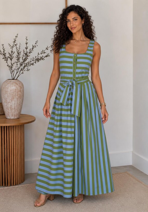 green striped summer dress Maxi Women Square Neck Sleeveless Vacation Sundress Elegant Casual atf-kg-05.29.25