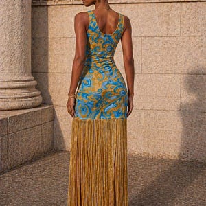 Luxury Fringe Maxi Dress Women Blue Gold Tassel Bodycon Summer Evening Beach Elegant image 6
