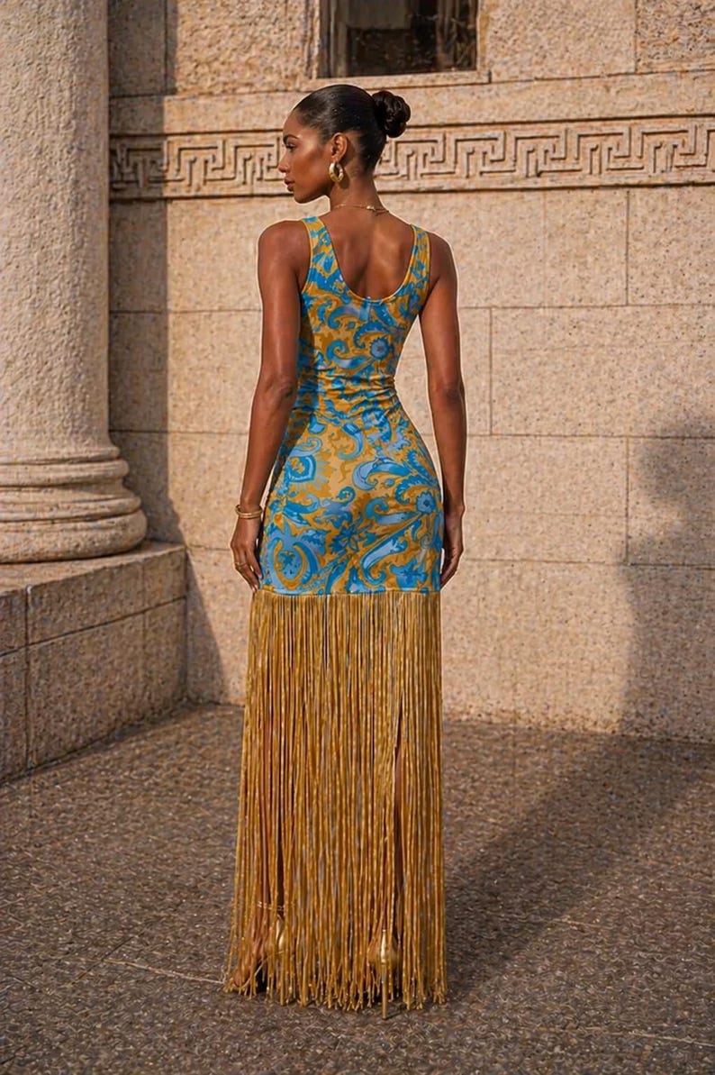 Luxury Fringe Maxi Dress Women Blue Gold Tassel Bodycon Summer Evening Beach Elegant image 6