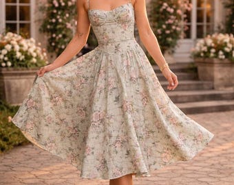 Floral Corset Midi Dress 35% Off – Cottagecore A-Line Prairie Summer Sundress -limited production