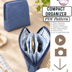 Peut inclure: Une pochette en tissu bleu avec fermeture éclair, présentée fermée et ouverte pour révéler une doublure intérieure à rayures bleu clair et blanches. L'image contient le texte : COMPACT ORGANIZER PDF Pattern, Video Tutorial, Photo Tutorial, Beginner Friendly, Easy Instructions, Easy to Sew, A4, A3 and Full scale, INSTANT DOWNLOAD.