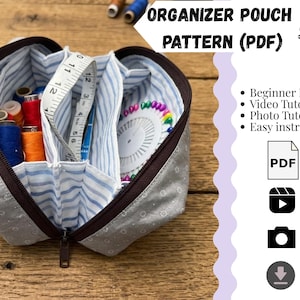 Pode incluir: Bolsa organizadora de tecido cinza com zíper marrom, cheia de carretéis de linha, uma fita métrica e alfinetes. A bolsa tem um interior listrado e é rotulada "ORGANIZER POUCH PATTERN (PDF)" com texto adicional.