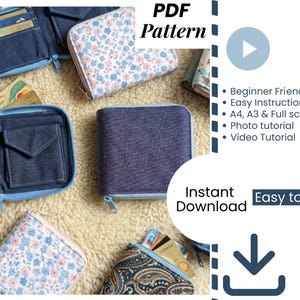 May include: A collection of handmade wallets in various designs and fabrics, including denim and floral prints. The image features open and closed wallets, showcasing their interior and exterior details. Text on the image reads "PDF Pattern" and "Easy to sew".