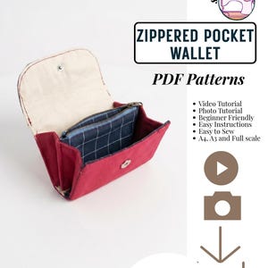 Könnte beinhalten: Eine rote Brieftasche mit Reißverschlussfach, cremefarbenem Innenfutter und einem blauen Innenfach mit Karomuster. Der Text lautet ZIPPERED POCKET WALLET, PDF Patterns, Video Tutorial, Photo Tutorial, Beginner Friendly, Easy Instructions, Easy to Sew, A4, A3 and Full scale, INSTANT DOWNLOAD.