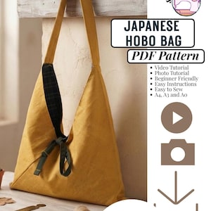 May include: A mustard yellow hobo bag with a dark green tie closure and a dark plaid interior lining. The text reads: sewing grid, JAPANESE HOBO BAG, PDF Pattern, Video Tutorial, Photo Tutorial, Beginner Friendly, Easy Instructions, Easy to Sew, A4, A3 and A0, INSTANT DOWNLOAD.