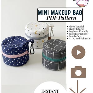 May include: Three round fabric pouches for makeup, each with a zipper and a small clip. One is navy with white hearts, one is white with gold moons and stars, and one is dark gray with a white grid pattern. Text includes MINI MAKEUP BAG PDF Pattern.