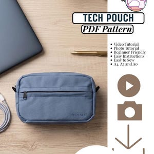 May include: A blue rectangular tech pouch with a front zippered pocket and the text TECH NEAT printed on the lower right corner. The image includes text for a PDF pattern, video and photo tutorials, and instructions for A4, A3, and A0 sizes.