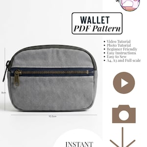 May include: A gray zippered wallet with a dark blue horizontal accent strip and a brass-colored zipper pull. The wallet measures 8 cm in height and 10.5 cm in width. Text includes WALLET PDF Pattern, Video Tutorial, Photo Tutorial, and INSTANT DOWNLOAD.