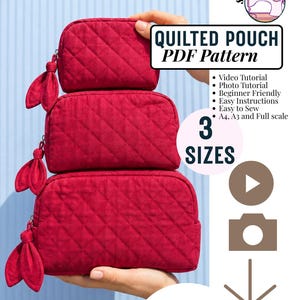 May include: Three stacked red quilted pouches with diamond stitching and fabric zipper pulls. The text reads QUILTED POUCH PDF Pattern, 3 SIZES, Video Tutorial, Photo Tutorial, Beginner Friendly, Easy Instructions, Easy to Sew, A4, A3 and Full scale.