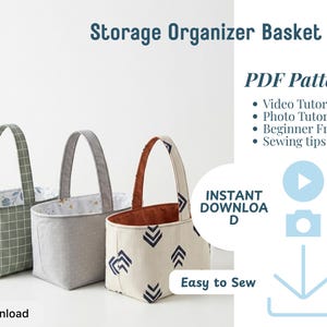 Pode incluir: Três cestos organizadores de armazenamento de tecido com alças. Os cestos são em tons de cinza, verde e bege, com designs estampados e lisos. O texto "Storage Organizer Basket" e "Easy to Sew" são visíveis.