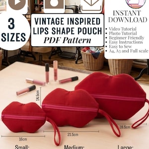 Lips Shape Pouch Sewing Pattern | Cosmetic Bag | DIY Wristlet Zipper Pouch | Vintage Zippered Tutorial