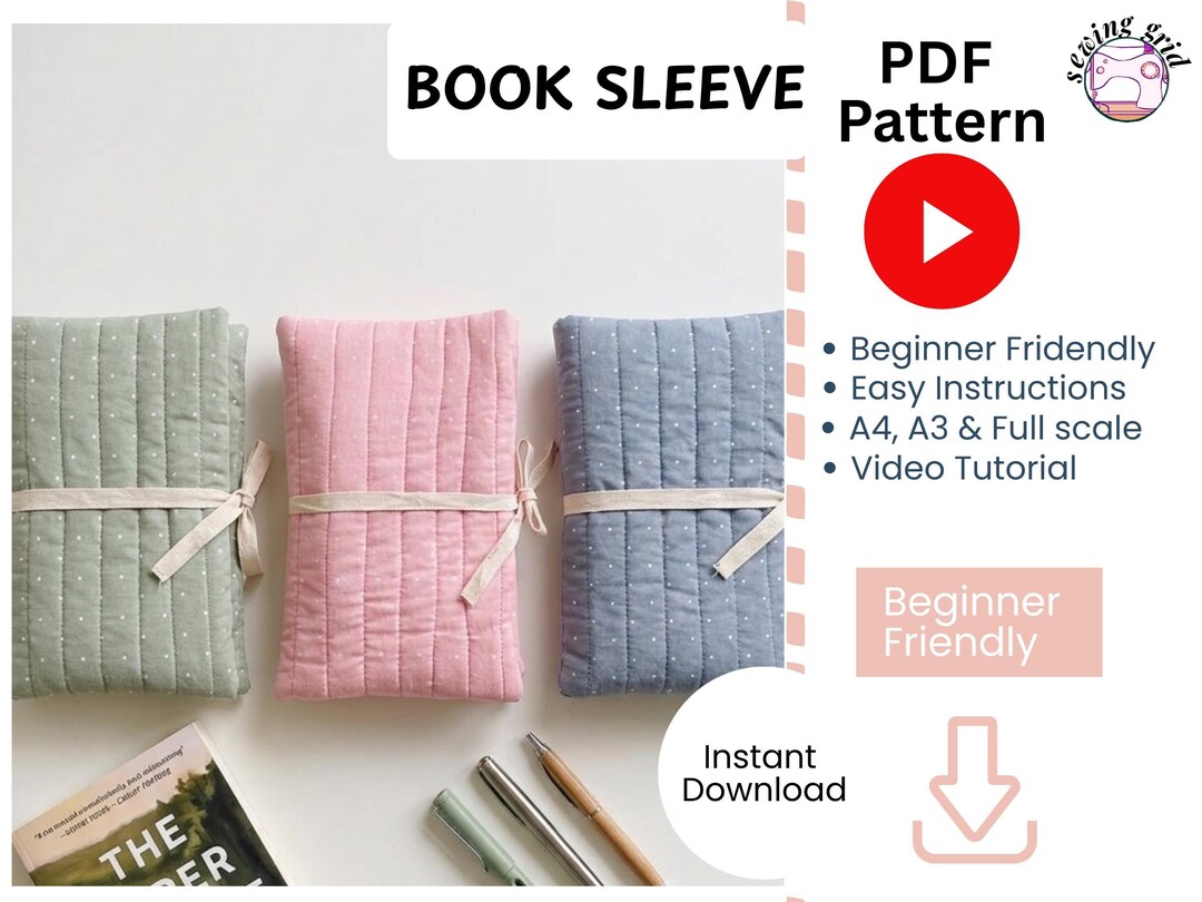 Quilted Book Sleeve Sewing Pattern, Zippered Pocket Pouch (PDF Download ...