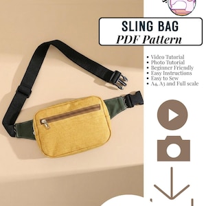Puede incluir: Un bolso bandolera amarillo y verde oscuro con una correa negra ajustable y hebilla de plástico. El texto dice SLING BAG PDF Pattern, Video Tutorial, Photo Tutorial, Beginner Friendly, Easy Instructions, Easy to Sew, A4, A3 and Full scale, INSTANT DOWNLOAD.