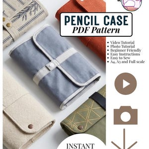 Könnte beinhalten: Ein digitales PDF-Schnittmuster für ein Federmäppchen mit verschiedenen Stoffdesigns, darunter gestreifte, Fischgräten- und geometrische Muster. Der Text lautet PENCIL CASE PDF Pattern, Video Tutorial, Photo Tutorial, Beginner Friendly, Easy Instructions, Easy to Sew, A4, A3 and Full scale sowie INSTANT DOWNLOAD.