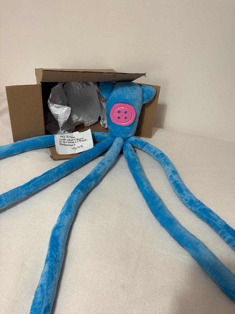 Puede incluir: Un peluche de pulpo azul con una gran cara de bot&oacute;n rosa y largos y suaves tent&aacute;culos. El juguete est&aacute; parcialmente dentro de una caja de cart&oacute;n abierta, con una nota manuscrita que dice: "Hey Janess, Look what I found in Gramma's Trunk. Remember? July 15".