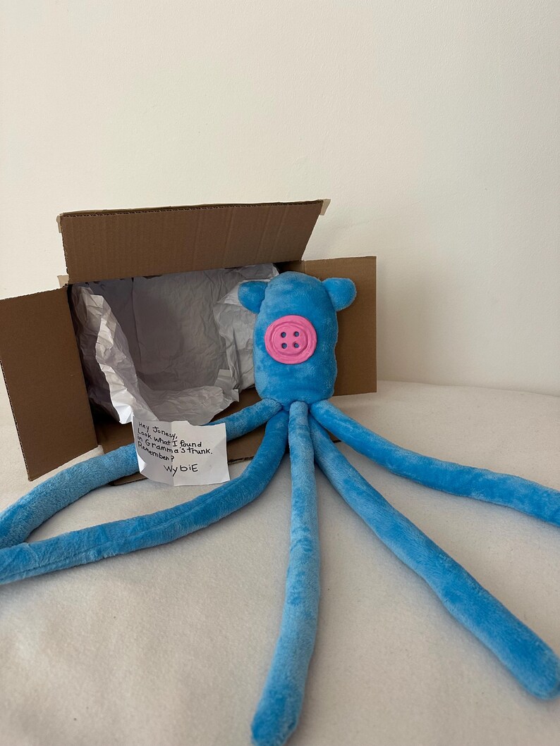 Puede incluir: Un juguete de peluche de pulpo azul con una cara de bot&oacute;n rosa y largos tent&aacute;culos. El juguete est&aacute; dentro de una caja de cart&oacute;n abierta con papel de seda. Una nota manuscrita dice: "Hey Janey, Look what I found in Grandma's trunk. Remember? Wybie."