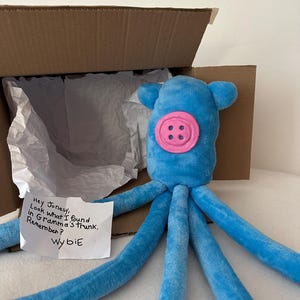 Puede incluir: Un juguete de peluche de pulpo azul con una cara de bot&oacute;n rosa y ocho largos tent&aacute;culos. El juguete est&aacute; dentro de una caja de cart&oacute;n abierta con papel de seda blanco. Una nota manuscrita dice: "Hey Jonesy, Look what I found in Gramma's trunk. Remember? Wybie."