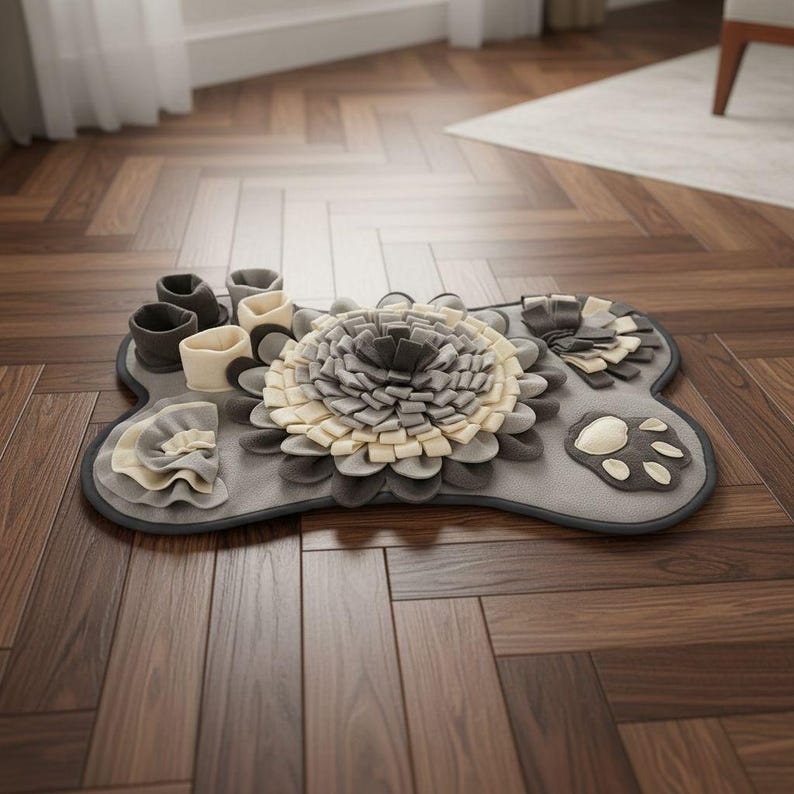 May include: A gray, bone-shaped dog puzzle mat with a variety of interactive elements. Features include a central flower design, multiple pockets, and a paw print detail. The mat is designed to stimulate a dog's senses.